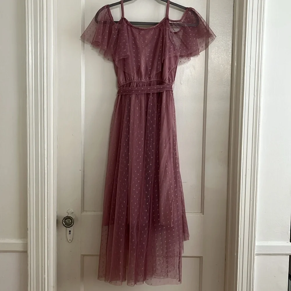 Mia Joy Joyfulie Dusty Rose Boho Mesh Overlay Asymmetrical Hem Maxi Dress
